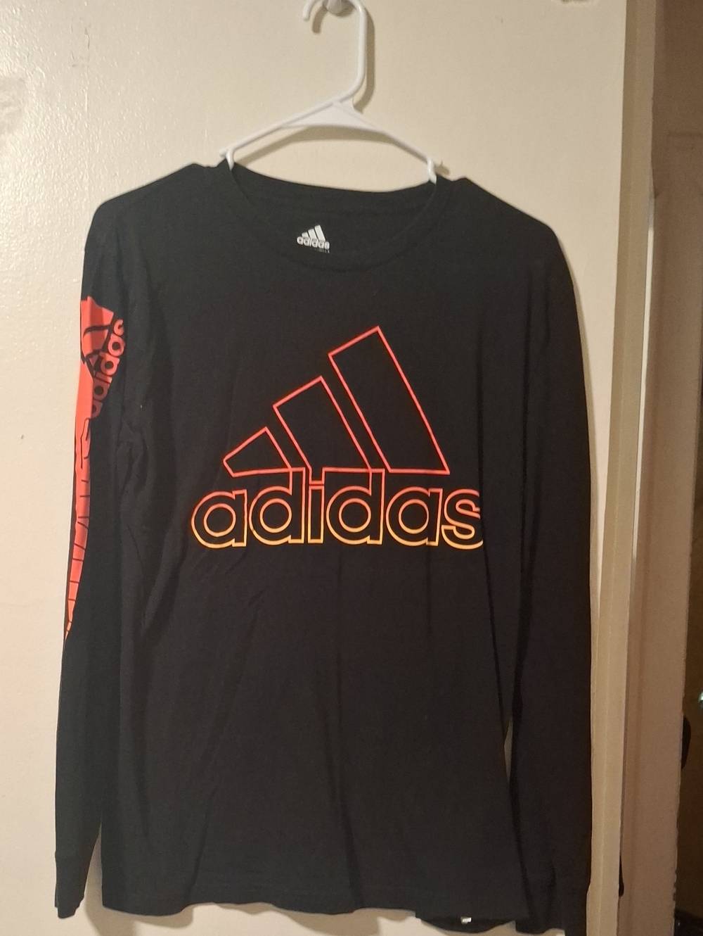 adidas Black Long-Sleeve Tee with Neon Orange Logo